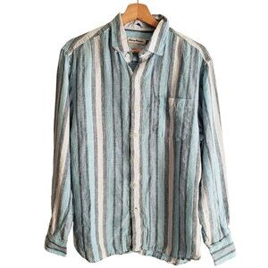 Tommy Bahama 100% Linen Striped Shirt Blue White Relaxed Fit Button-Up Shirt